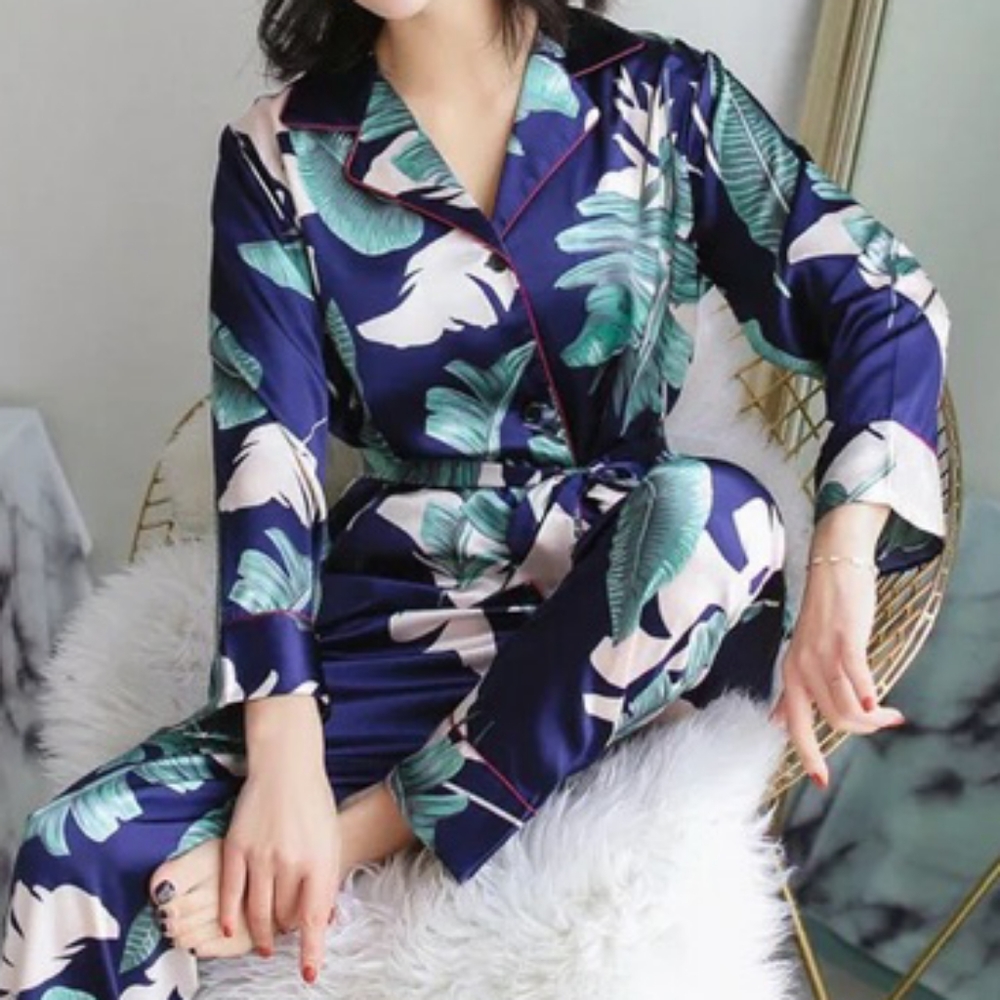 Leaf Pattern Silky Pajama Set